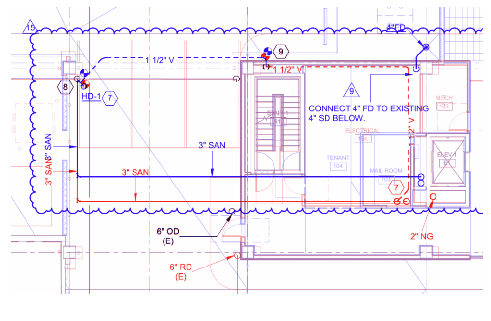 Plan sheet with red and blue overlays showing what changed between revisions